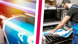 Comparaison visuelle entre impression numérique (gauche) et Offset (droite), ouvrier manipulant une feuille